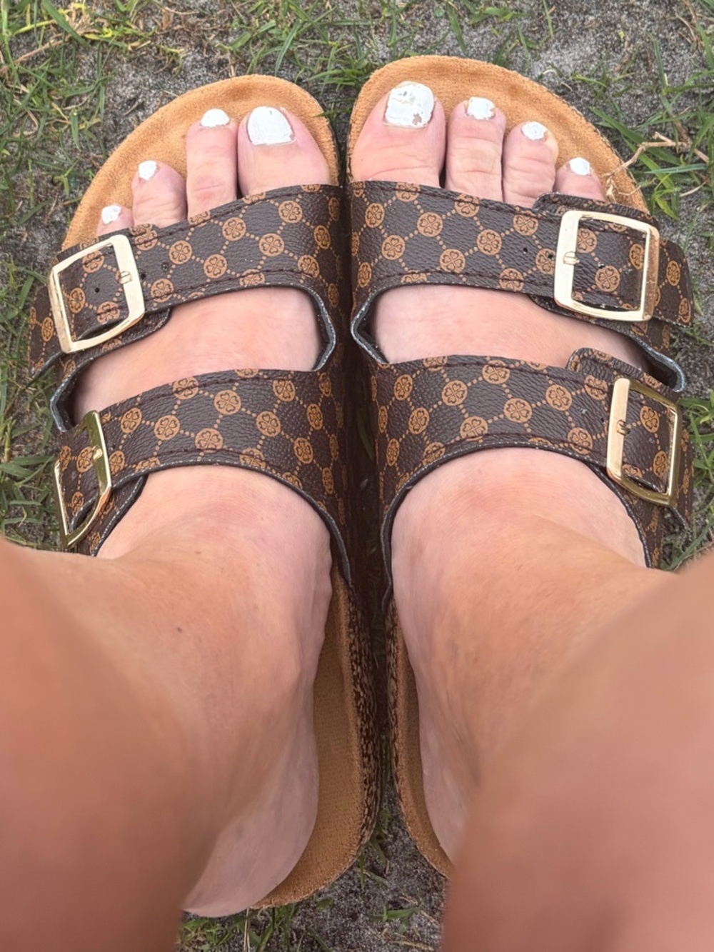 Checker Print Double Buckle Sandals - Brown